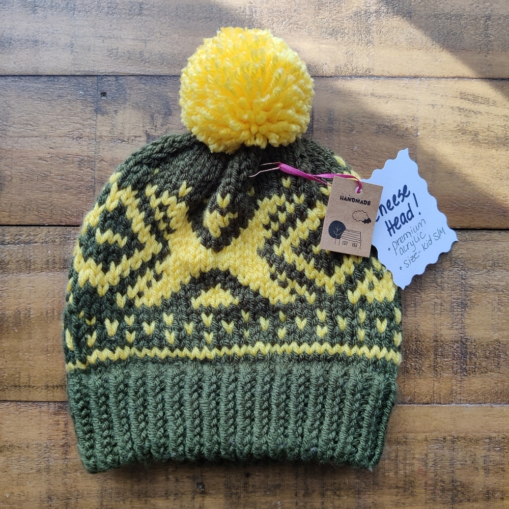 Cheese Head Kids Pom-Pom Beanie - Green and Yellow